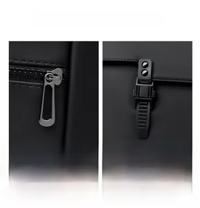 Detail of high-quality metal zipper and adjustable buckle on black commuter backpack