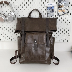 Vintage brown PU leather backpack with buckle closure and large capacity for travel