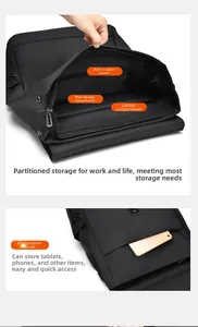 Detail of waterproof business backpack showing laptop compartment and magnetic front pocket