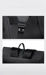 Detail of adjustable buckles and padded shoulder straps on black waterproof backpack