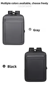Detail of waterproof business backpack showing gray and black colors with USB port