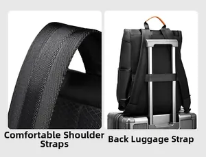 Detail of comfortable shoulder straps and luggage trolley sleeve on black backpack