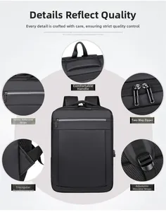 Detail view of business laptop backpack showing reinforced handle and safety reflective strip