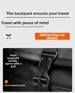 Close-up of front magnetic buckle on black waterproof backpack for easy access