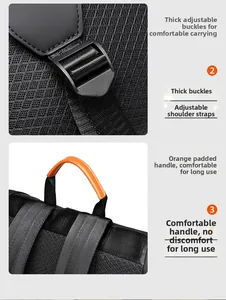 Detail of adjustable shoulder strap buckle and breathable mesh back on black backpack