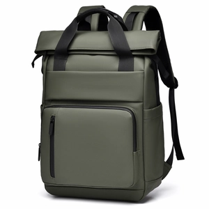 Olive green roll-top waterproof business laptop backpack with matte finish and side pockets