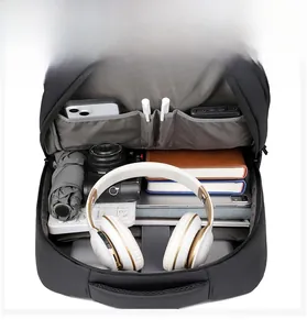 Top view of business laptop backpack interior showing organized multi-pocket storage
