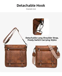 Detail of vintage brown bucket bag with detachable jacquard strap and metal hooks
