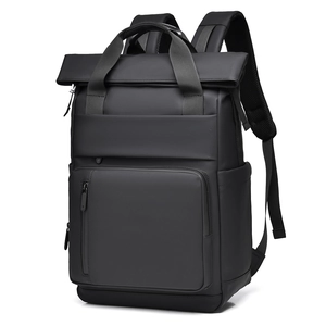 Minimalist black business laptop backpack with waterproof fabric and multi-pocket design