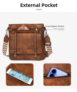 Detail of brown leather bucket bag showing multi-pocket storage and woven shoulder strap