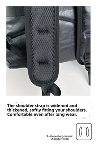 Close-up of S-shaped ergonomic shoulder straps with breathable honeycomb mesh and PU leather