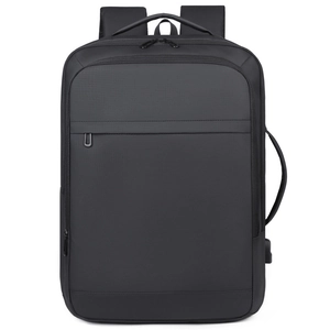 Business laptop backpack in black with ergonomic side handle and integrated USB port