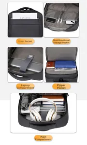 Detailed view of business laptop backpack showing functional internal compartments and pockets