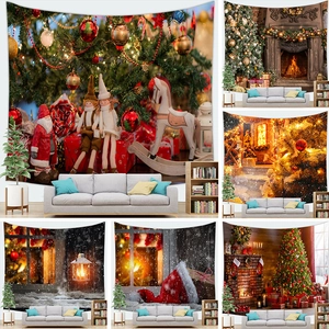 Festive Christmas tree and fireplace wall tapestries for home holiday decor