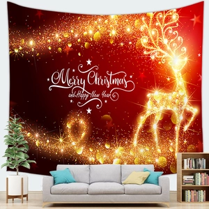 Close-up of Merry Christmas reindeer tapestry with gold glitter details in a cozy living room
