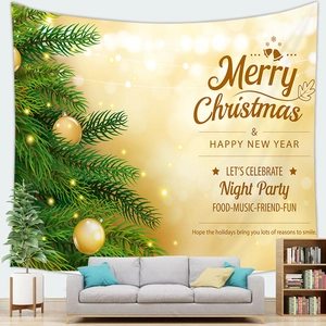 Detailed Christmas tree wall tapestry hanging over a grey sofa in a cozy living room decor