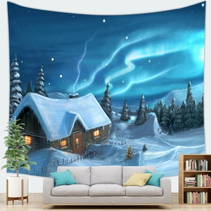 Christmas tapestry featuring snowy night landscape and Aurora over a cozy sofa decor