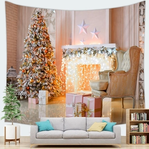 Festive Christmas tree tapestry wall hanging with cozy fireplace and holiday gift scene