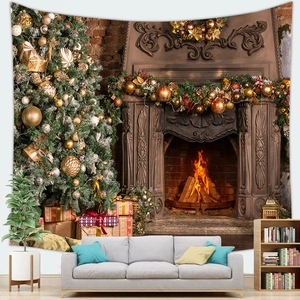 Christmas tree and fireplace tapestry hanging in a cozy living room over a gray sofa