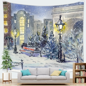 Christmas tapestry with snowy European street and vintage lamp in modern living room decor