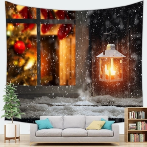 Close-up of Christmas tapestry featuring a snowy window, lit lantern and festive tree decor