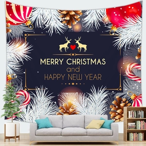 Detail of Christmas tapestry featuring golden festive lettering and realistic pine cones