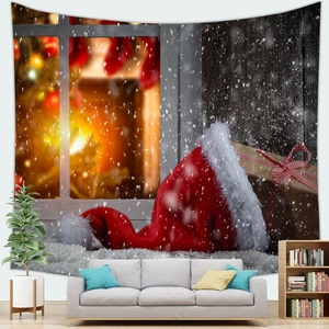 Christmas tapestry featuring a festive red hat and gift box on a winter window background