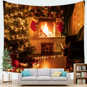 Christmas fireplace scene wall tapestry with decorated tree and cozy living room decor