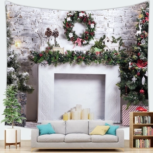 Cozy living room interior featuring a Christmas tree tapestry background with a fireplace