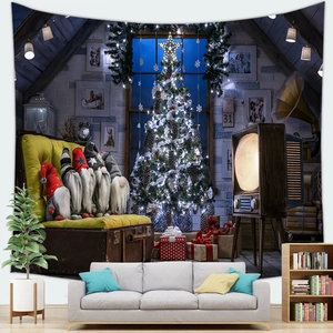 Detailed view of Christmas tree tapestry with festive gnomes on a soft wall hanging