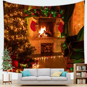 Cozy Christmas fireplace wall tapestry with decorated tree and vintage armchair