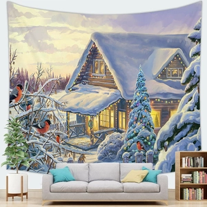 Christmas tree snow cabin tapestry wall hanging for cozy holiday home decoration