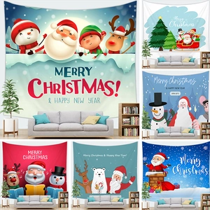 Christmas Tapestry Wall Hanging Polyester Peach Skin Cartoon Santa Claus Snowman Reindeer Festive Home Decor Backdrop