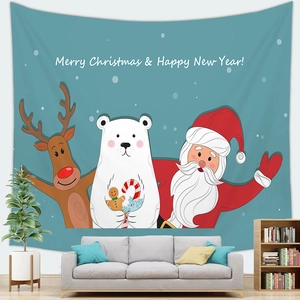 Detailed close-up of blue Christmas tapestry with Santa and reindeer on living room wall