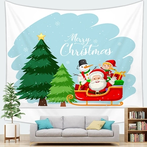 Cozy Christmas wall tapestry showing Santa in a sleigh with snowman and reindeer