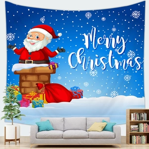 Detail of Santa Claus and Merry Christmas text on a blue festive wall tapestry