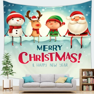 Detail of Christmas wall tapestry featuring Santa Claus and reindeer on a blue background