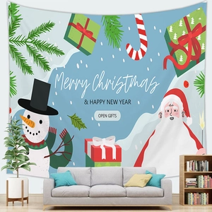 Detail of Christmas snowman tapestry hanging on a cozy living room wall decoration