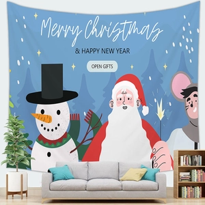 Christmas Santa and Snowman peach skin tapestry hanging above a sofa for festive wall decor