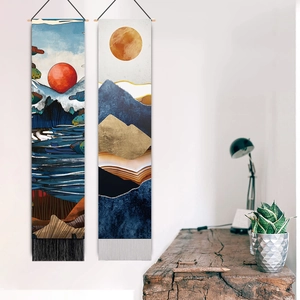 Ensemble de tapisseries murales nordiques avec paysage abstrait, soleil rouge et glands