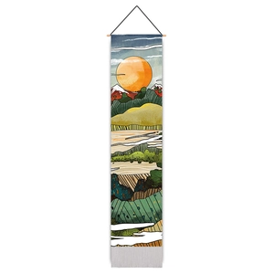 Tapisserie murale verticale de paysage avec soleil orange et montagnes sur rouleau en bois