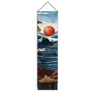 Tenture murale style ukiyo-e avec soleil rouge, vagues et élégants glands noirs