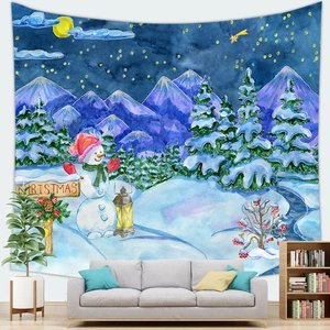 Watercolor Christmas tapestry with snowman and winter landscape for home wall decor