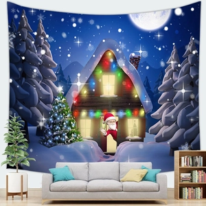 Christmas tapestry featuring Santa Claus and a snowy winter cabin for wall decoration