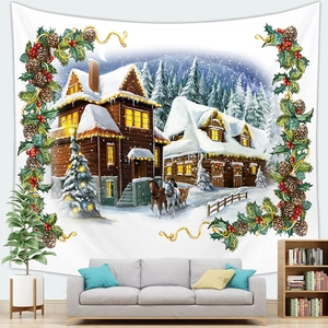 Christmas wall tapestry featuring a snowy forest cabin scene for home holiday decoration