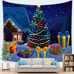 Christmas wall tapestry with festive tree and gift boxes in a cozy living room scene