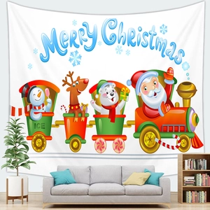 Cartoon Christmas train tapestry featuring Santa, reindeer, and snowman for wall decor