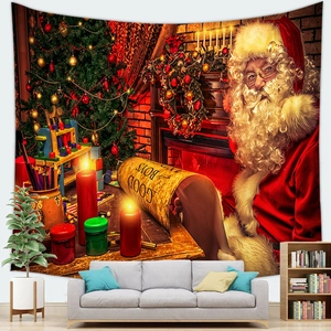 Christmas Santa Claus wall tapestry featuring a festive fireplace scene for home decor