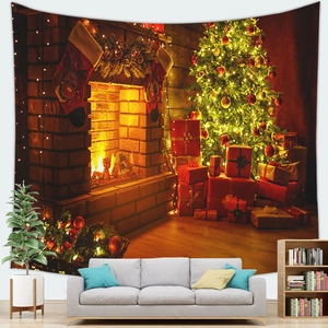 Christmas tree and fireplace wall tapestry for cozy living room holiday decoration