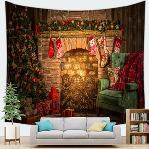 Detail of Christmas peach skin tapestry showing festive fireplace and decorated tree scene